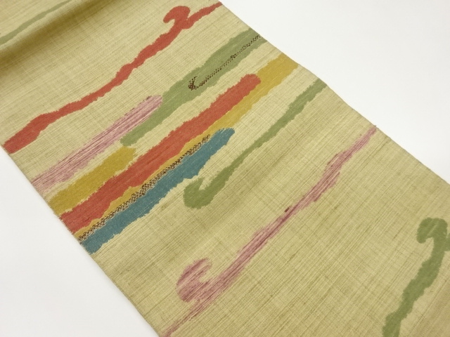 手織り紬横縞に抽象模様織出し名古屋帯